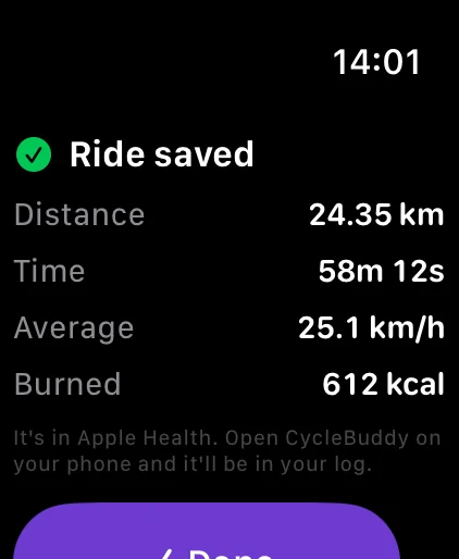 Apple Watch: ride saved to Apple Health
